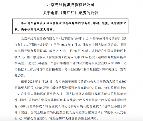 光线传媒：截至1月28日来自《满江红》的营业收入区间约为6300万至7000万元