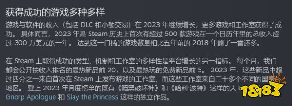 2023年有500款以上Steam游戏收入超3百万美元