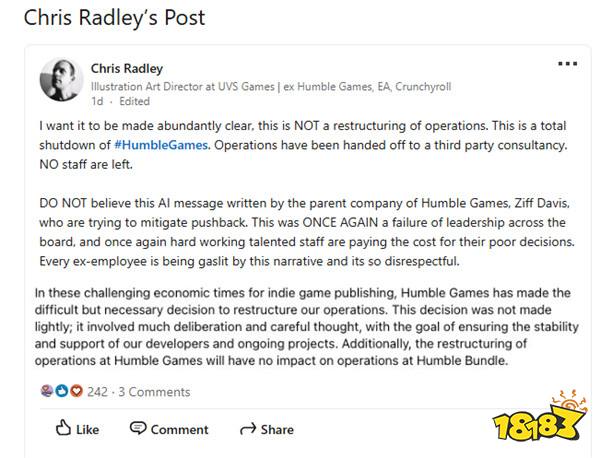 IGN子公司Humble Games称裁员为重组被前员工指责撒谎