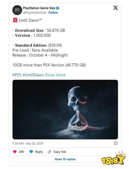 比原版大近10GB！《直到黎明》重制版PS5文件体积曝光
