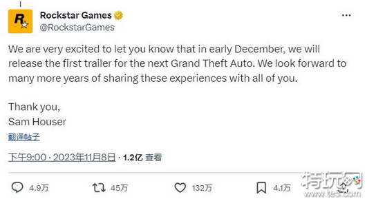 R星《GTA6》声明打破记录 成为最受欢迎的游戏推文 