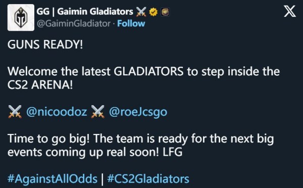 Gaimin Gladiators引入新援 Nodios接任战队指挥