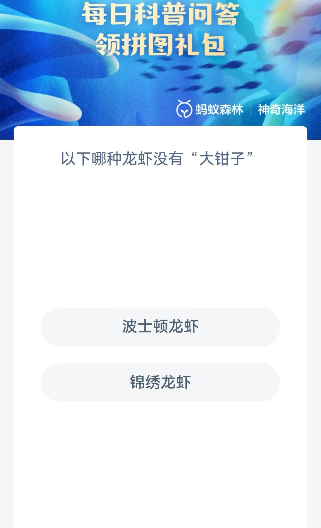 什么龙虾没有大钳子-神奇海洋今日答案最新12.7