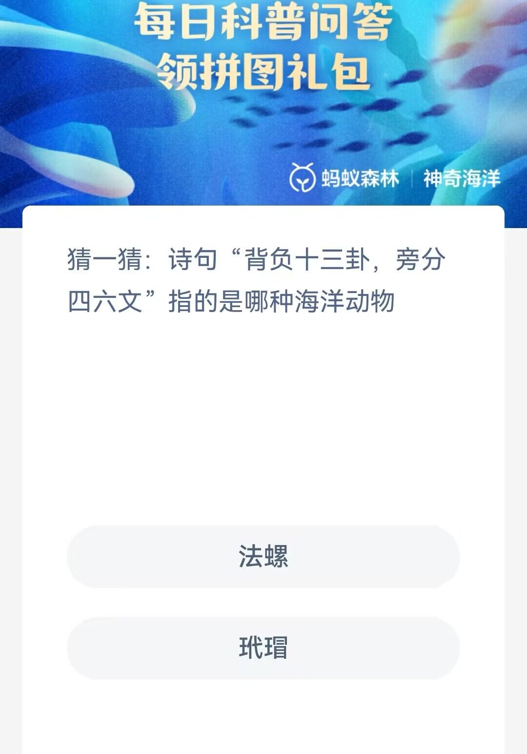 诗句背负十三卦旁分四六文指法螺玳瑁-神奇海洋2月6日答案是什么 