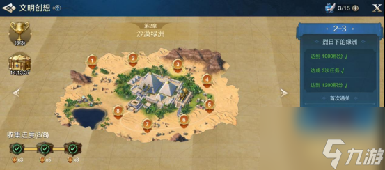 世界启元文明创想地块搭配2-3烈阳下的绿洲详细步骤攻略