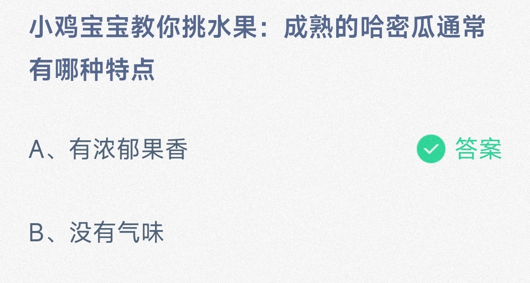 小鸡宝宝教你挑水果:成熟的哈密瓜通常有哪种特点-蚂蚁庄园6.15日答案